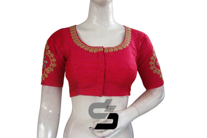 Chic Pink High Neck Embroidered Saree Blouses - Modern Elegance - D3blouses