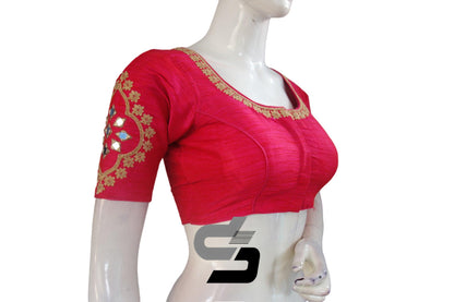 Chic Pink High Neck Embroidered Saree Blouses - Modern Elegance - D3blouses