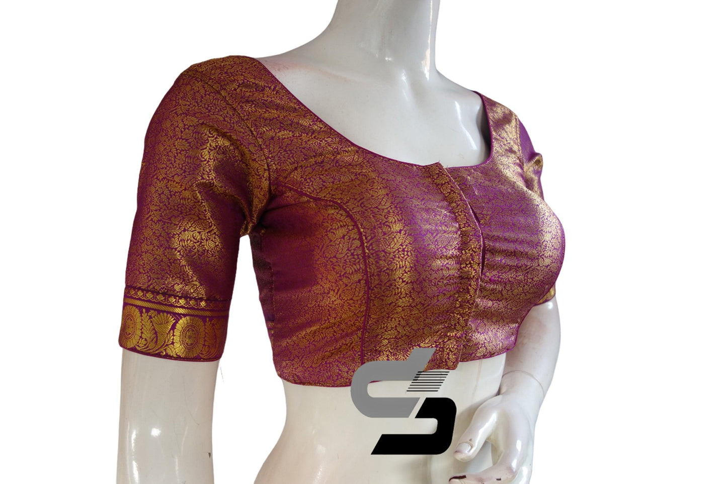 Magenta Color Brocade Silk Readymade Saree Blouse With Border Sleeves - D3blouses