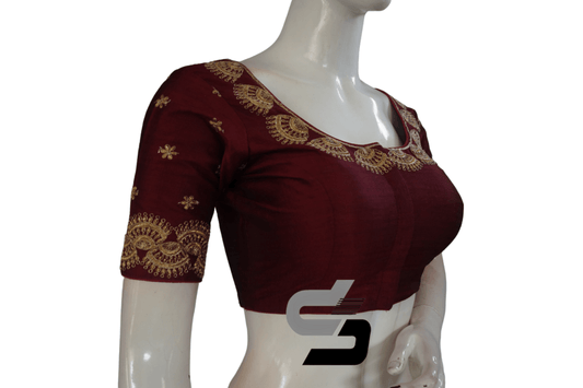 Wine Color Semi Silk Designer Embroidery Readymade Saree Blouse - D3blouses