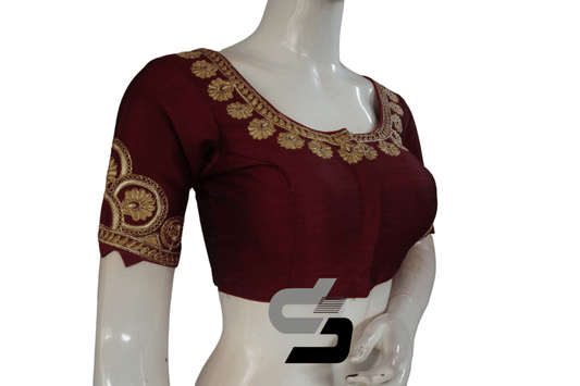 Wine Color Semi Silk Designer Embroidery Readymade Saree Blouse - D3blouses