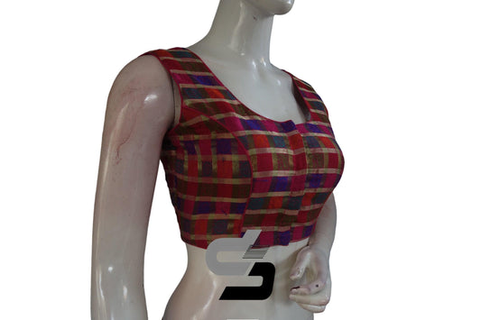 Multi Color Sleeveless Chanderi Silk Readymade Blouse - D3blouses