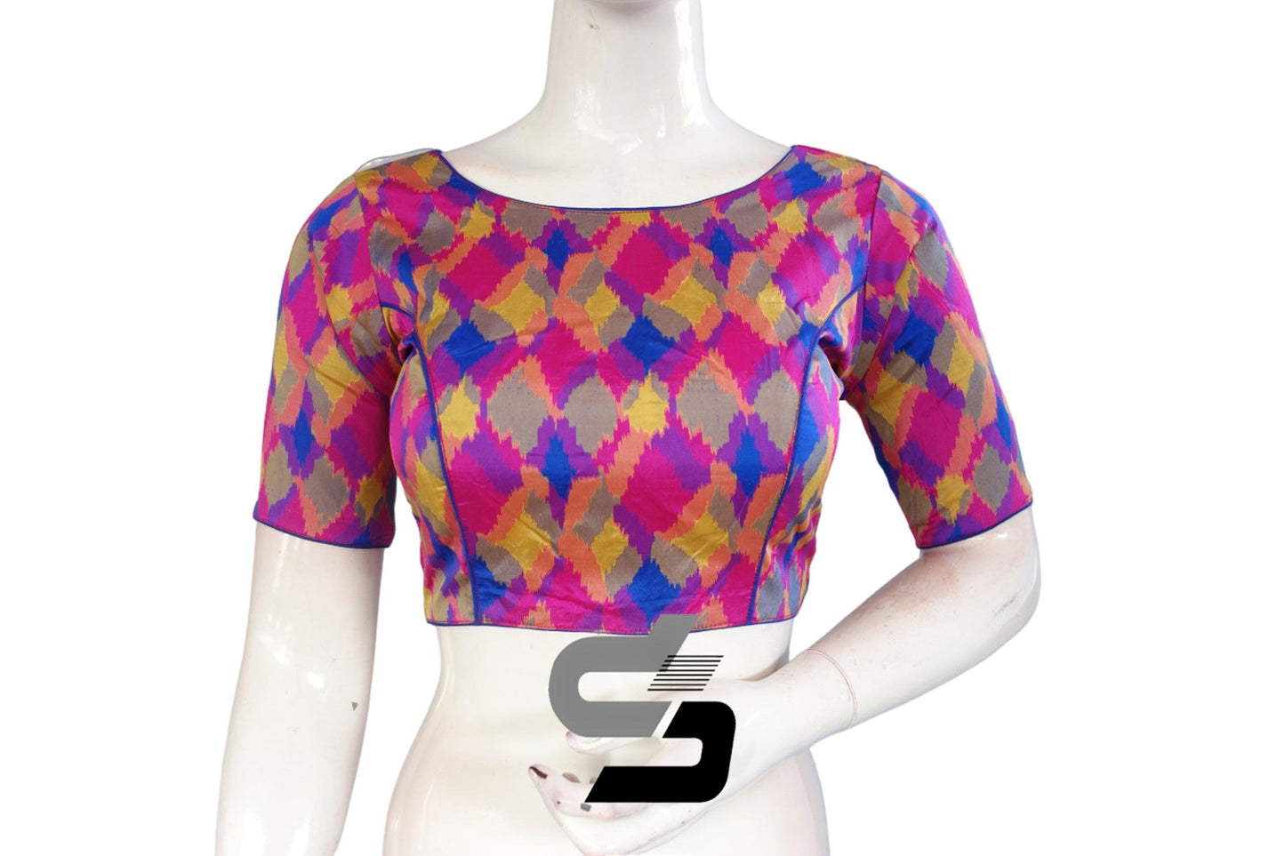 Printed Silk Multi Color Boat Neck Designer Readymade Blouse - D3blouses