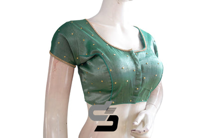 Gorgeous Green: Plain Moti Tissue Designer Blouses - Elevate Your Look with the Stunning Elegance of Green, Crafted to Add a Touch of Sophistication to Your Saree Ensemble.