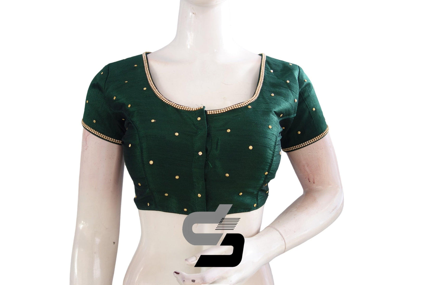 "Exquisite Dark Green Color Plain Moti Stone Ready-Made Blouse: Elevate Your Style with Timeless Sophistication" - D3blouses