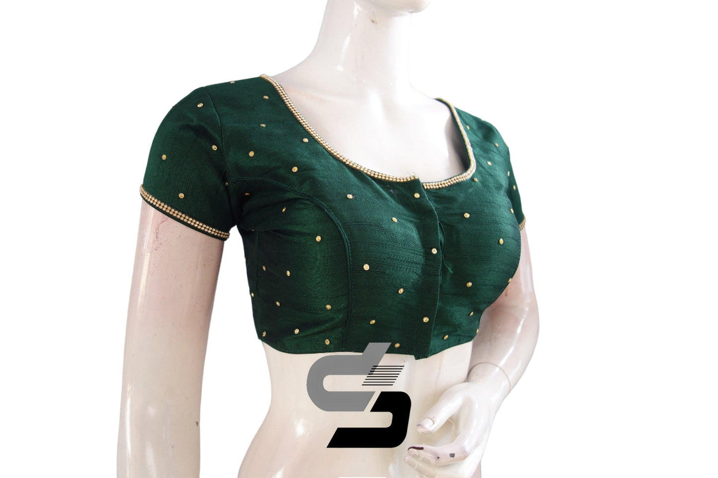 Elevate Your Style with Timeless Sophistication: Dark Green Color Plain Moti Stone Ready-Made Blouse - Infuse Your Ensemble with Classic Elegance, Accentuated by the Subtle Glamour of Moti Stones.