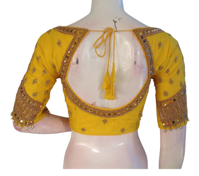 Yellow Aari Handwork Wedding Readymade Saree Blouse