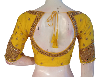 Yellow Aari Handwork Wedding Readymade Saree Blouse