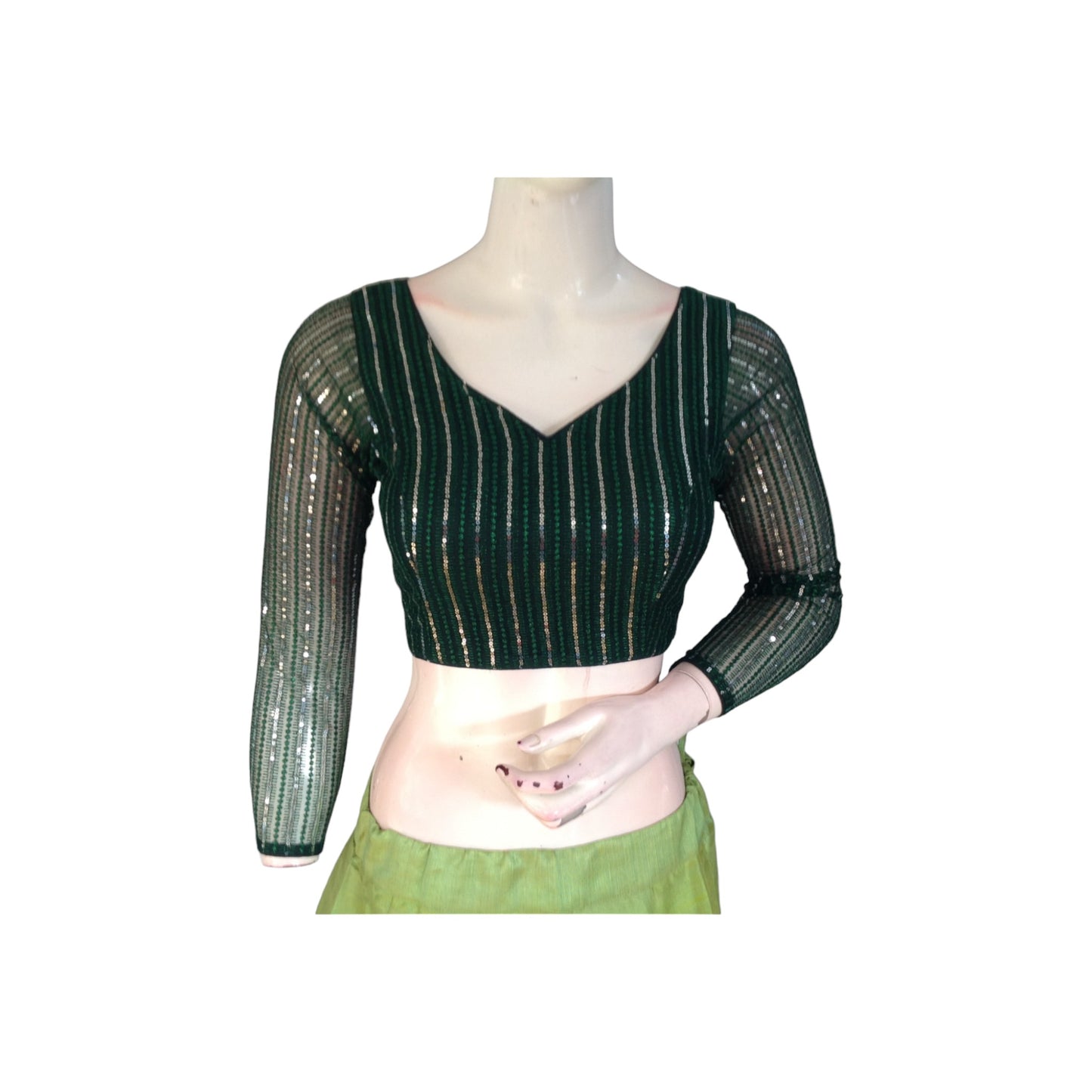 Sophisticated Style: Dark Green Netted Sequins Blouse for Women