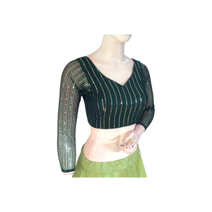 Sophisticated Style: Dark Green Netted Sequins Blouse for Women