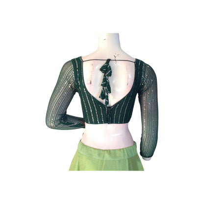 Sophisticated Style: Dark Green Netted Sequins Blouse for Women