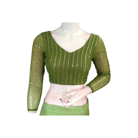 Olive Green Netted Sequin Blouse with Bracelet Sleeves