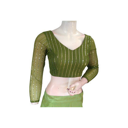 Olive Green Netted Sequin Blouse with Bracelet Sleeves