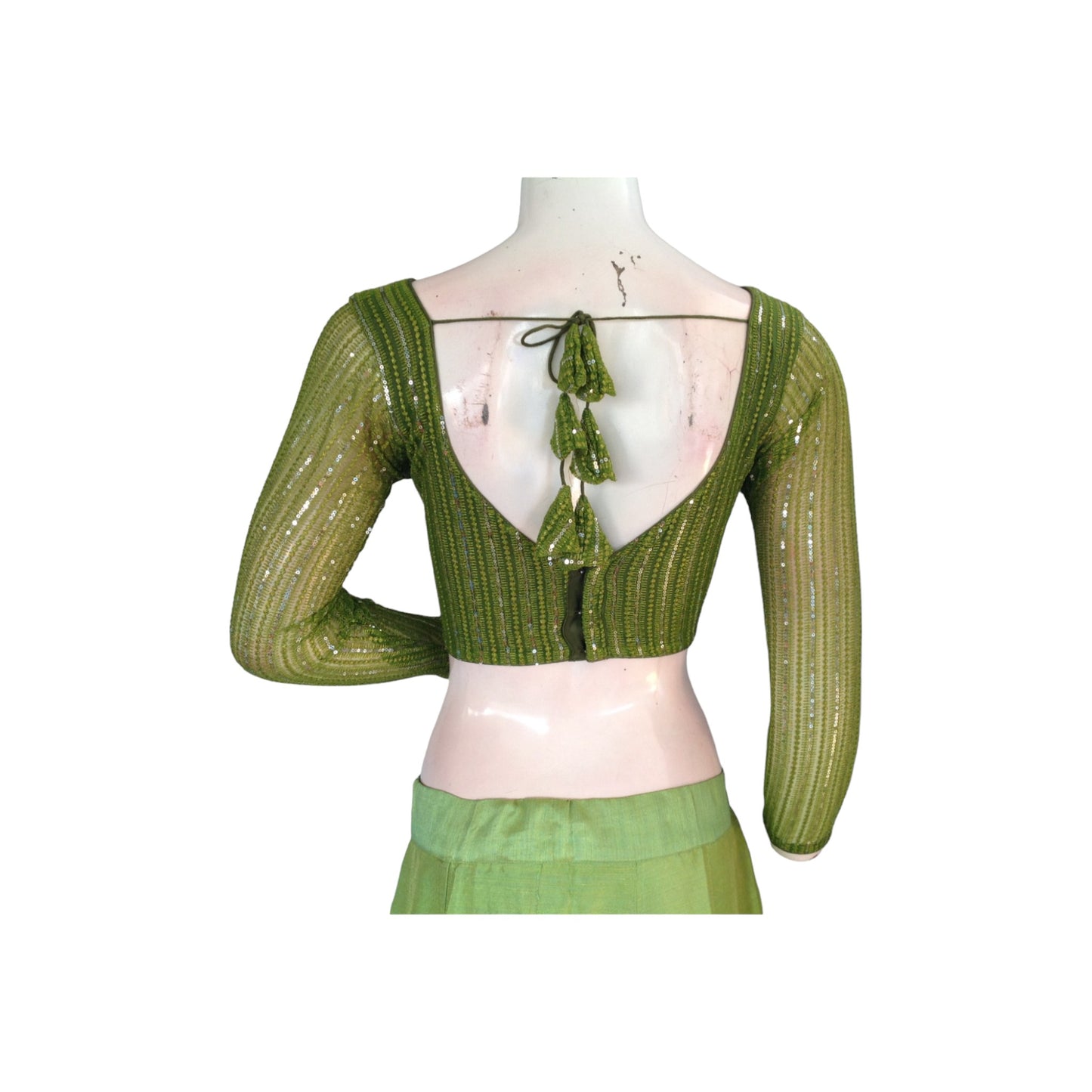 Olive Green Netted Sequin Blouse with Bracelet Sleeves