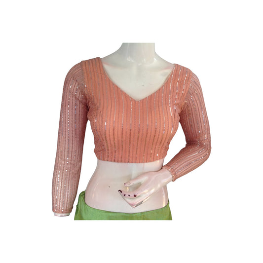  Peach Blossom Net Sequin Blouse with Bracelet Sleeves