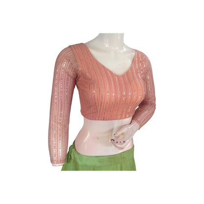 Peach Blossom Net Sequin Blouse with Bracelet Sleeves