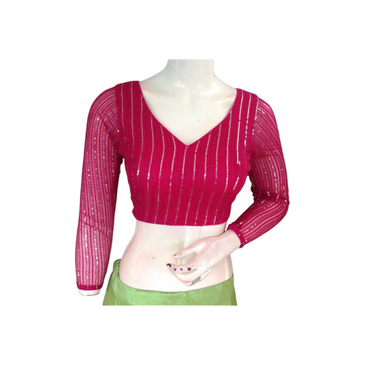 Radiant Magenta Net Sequin Blouse with Bracelet Sleeves