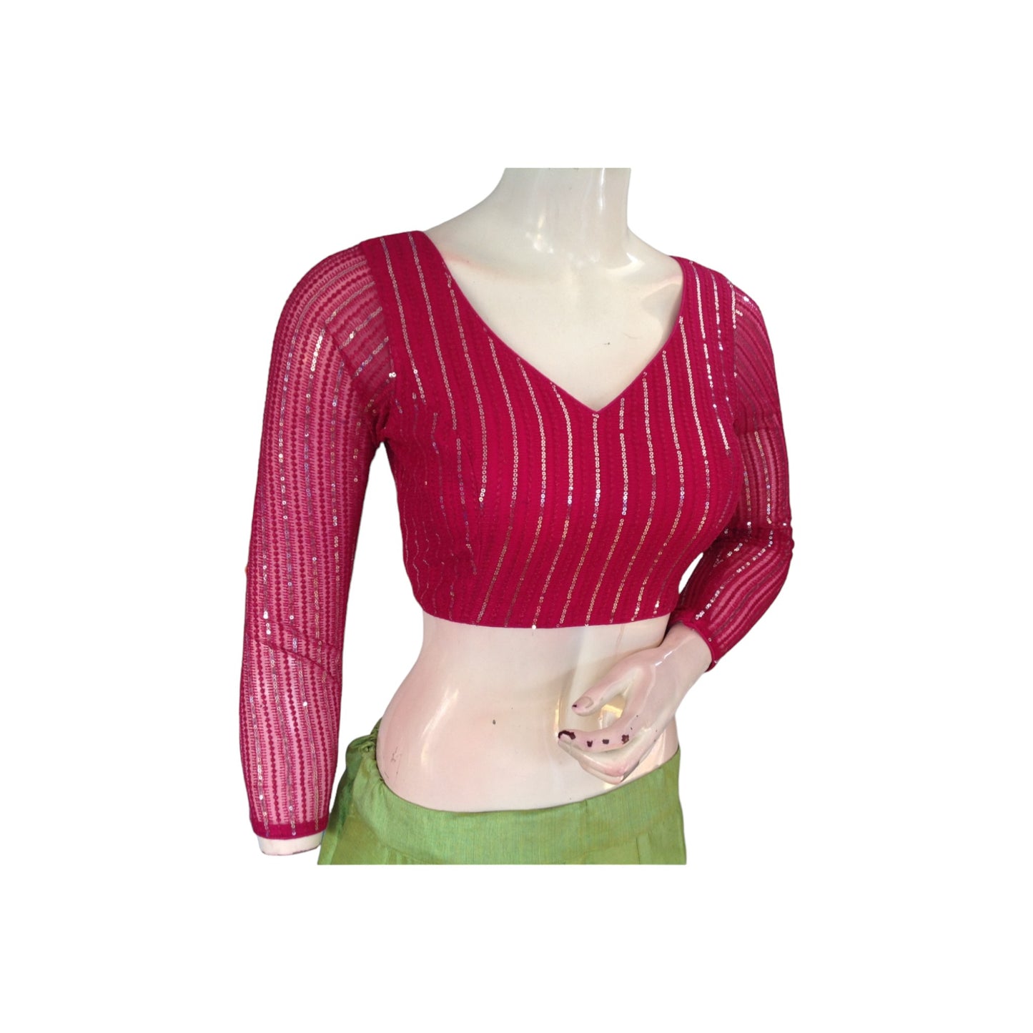 Radiant Magenta Net Sequin Blouse with Bracelet Sleeves