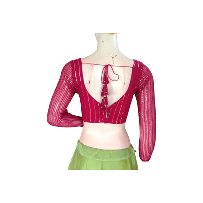 Radiant Magenta Net Sequin Blouse with Bracelet Sleeves