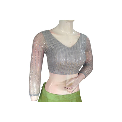 Silver Stardust Net Sequin Blouse with Bracelet Sleeves