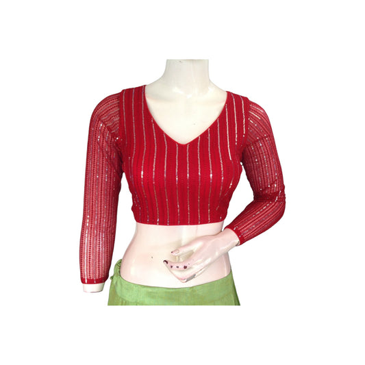 Red Color Net Sequin Blouse with Bracelet Sleeves