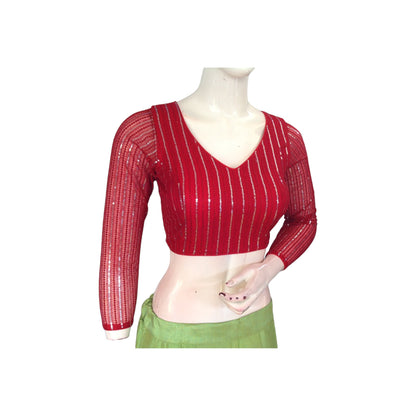 Red Color Net Sequin Blouse with Bracelet Sleeves