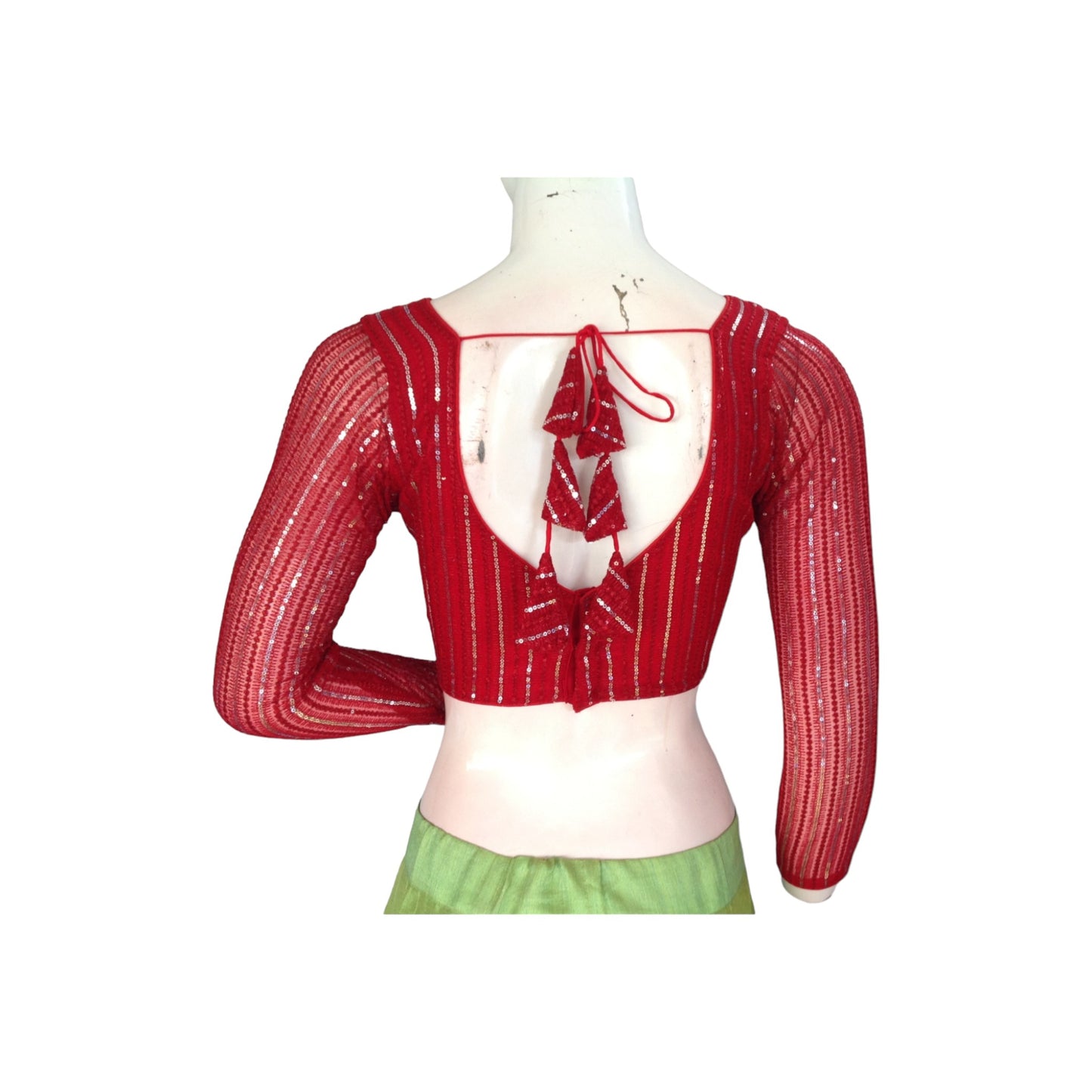 Red Color Net Sequin Blouse with Bracelet Sleeves