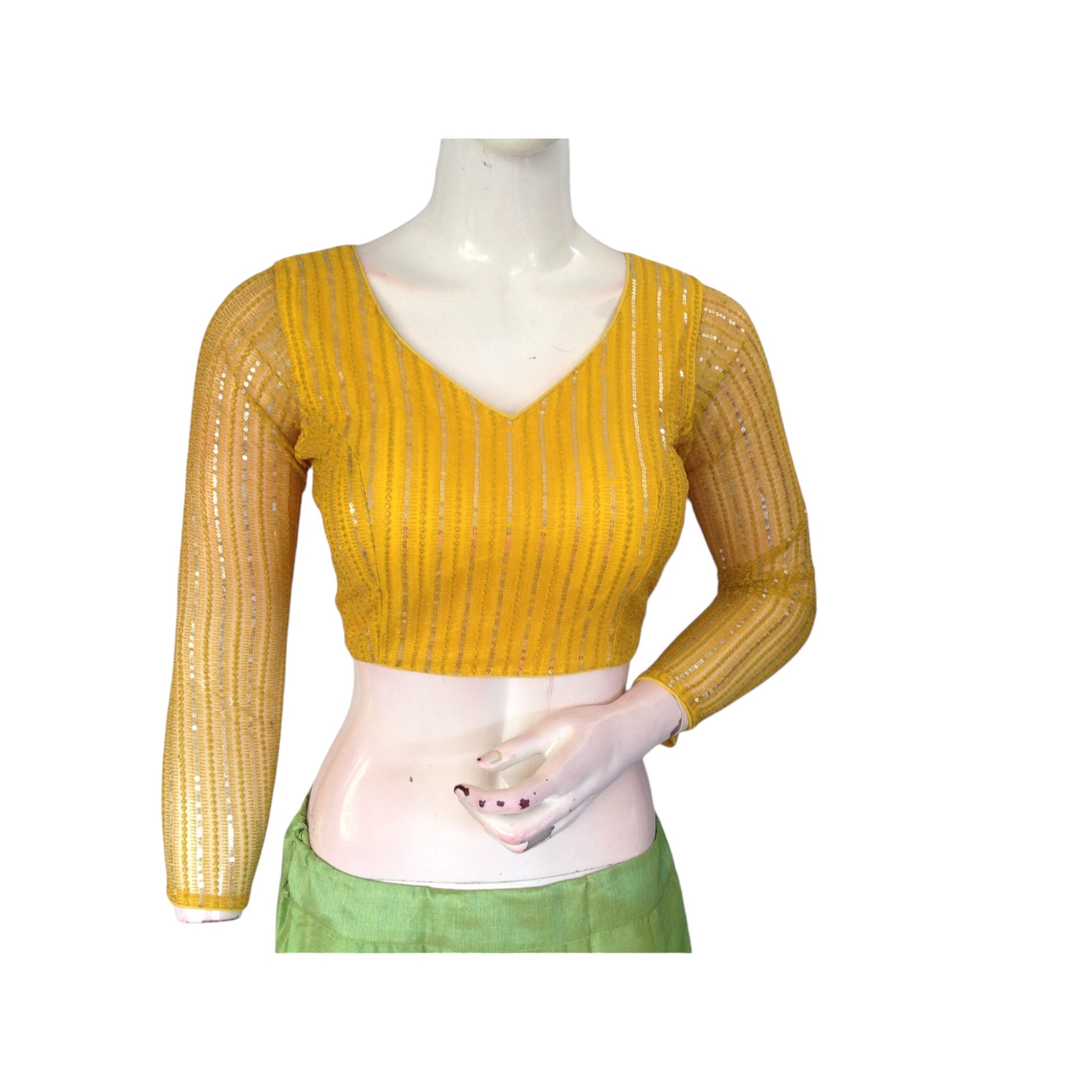 Golden Yellow Net Sequin Blouse with Bracelet Sleeves