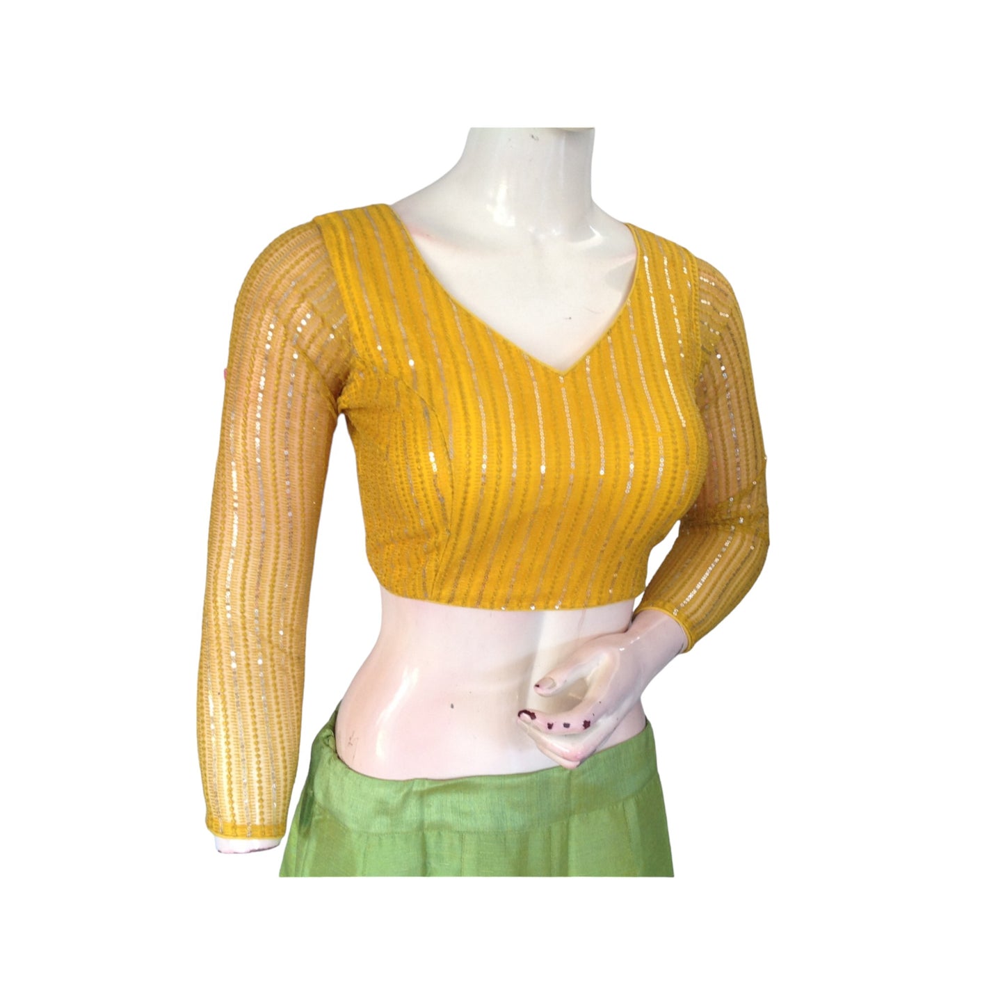 Golden Yellow Net Sequin Blouse with Bracelet Sleeves