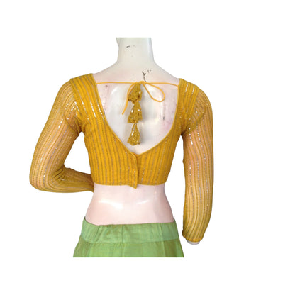 Golden Yellow Net Sequin Blouse with Bracelet Sleeves