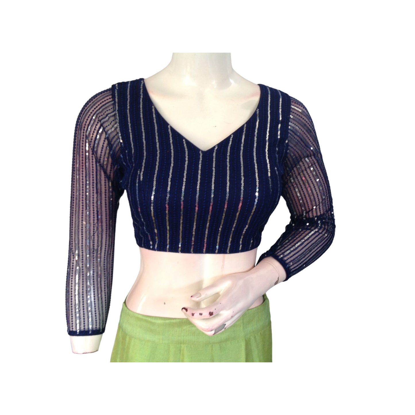 Midnight Navy Net Sequin Blouse with Bracelet Sleeves