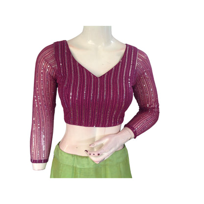 Regal Purple Net Sequin Blouse with Bracelet Sleeves