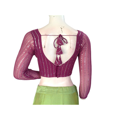 Regal Purple Net Sequin Blouse with Bracelet Sleeves