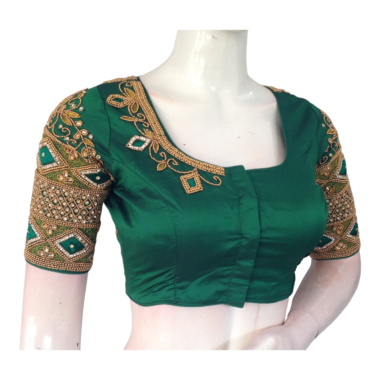 Emerald Green Aari Handcrafted Readymade Saree Blouse