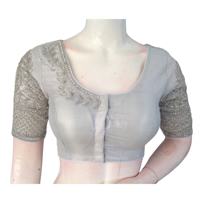 Shimmering Tissue Silver Handcrafted Aari Work Bridal Saree Blouse: