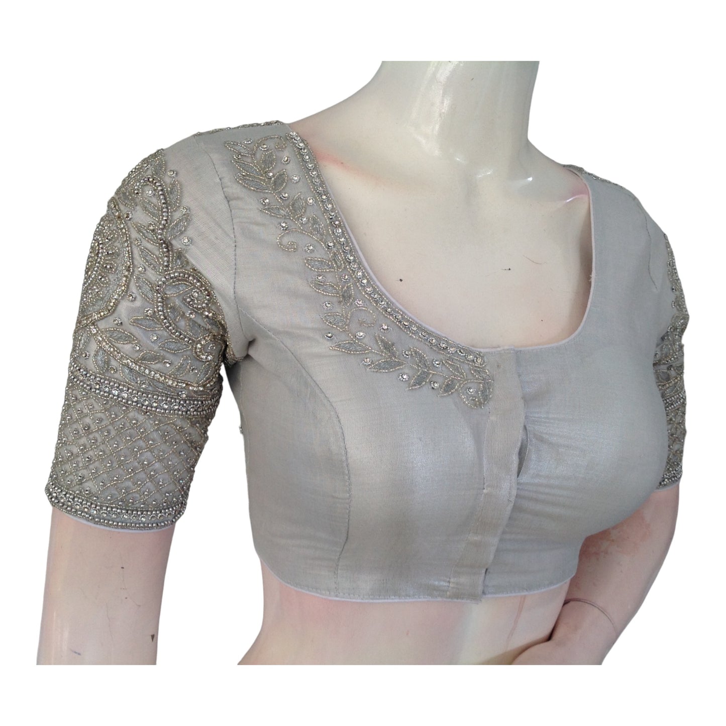 Shimmering Tissue Silver Handcrafted Aari Work Bridal Saree Blouse: