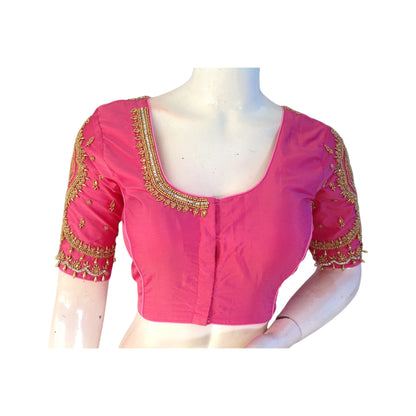 Pink Color Handcrafted Aari HandWork Bridal Saree Blouse