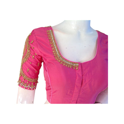 Pink Color Handcrafted Aari HandWork Bridal Saree Blouse