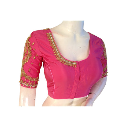 Pink Color Handcrafted Aari HandWork Bridal Saree Blouse