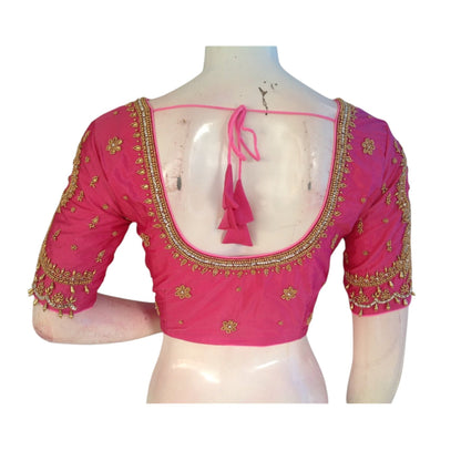 Pink Color Handcrafted Aari HandWork Bridal Saree Blouse 