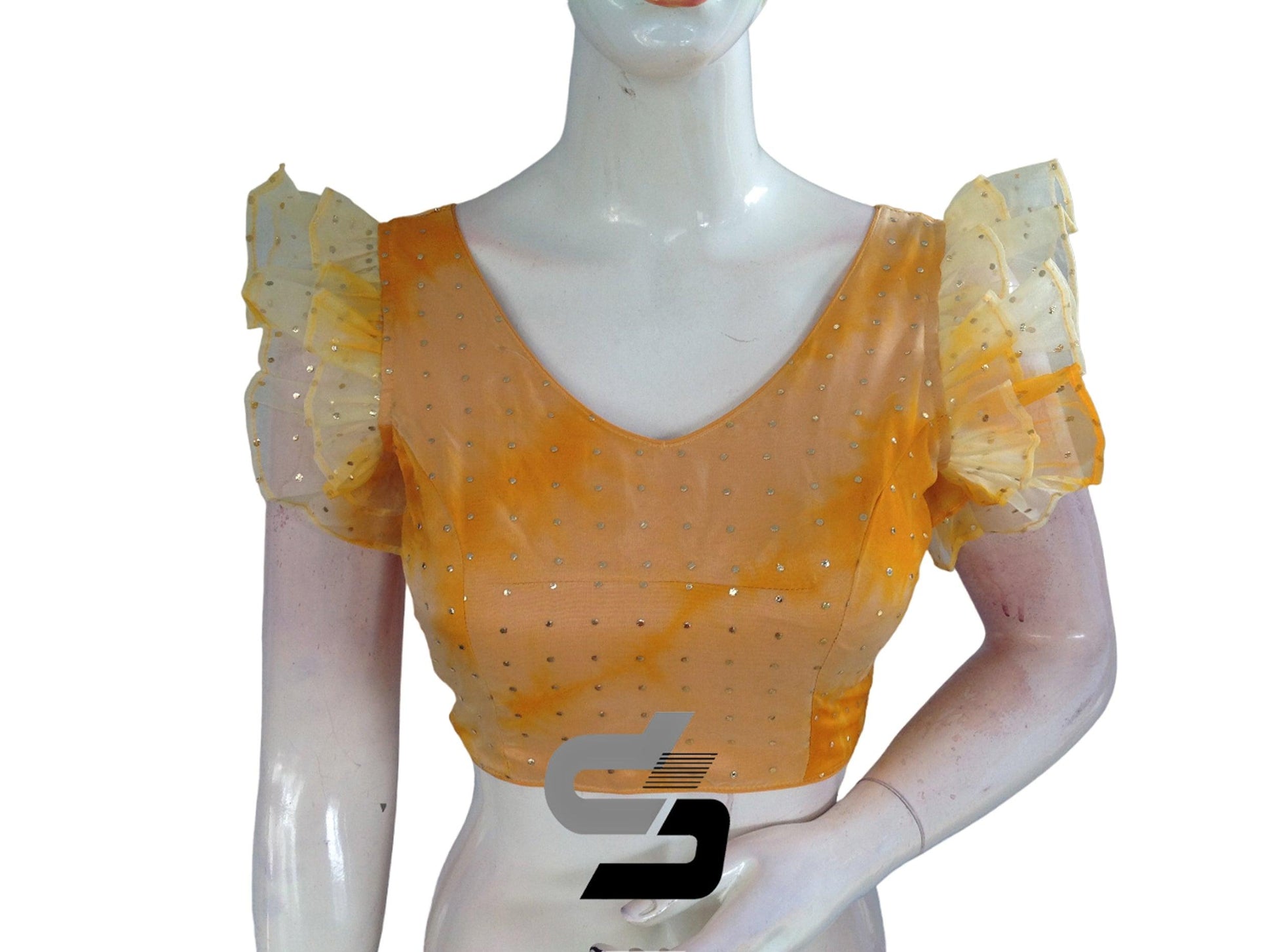 Sunny Yellow, Tie Dye Designer V Neck Georgette Saree Blouse with Ruffle Sleeves - D3blouses