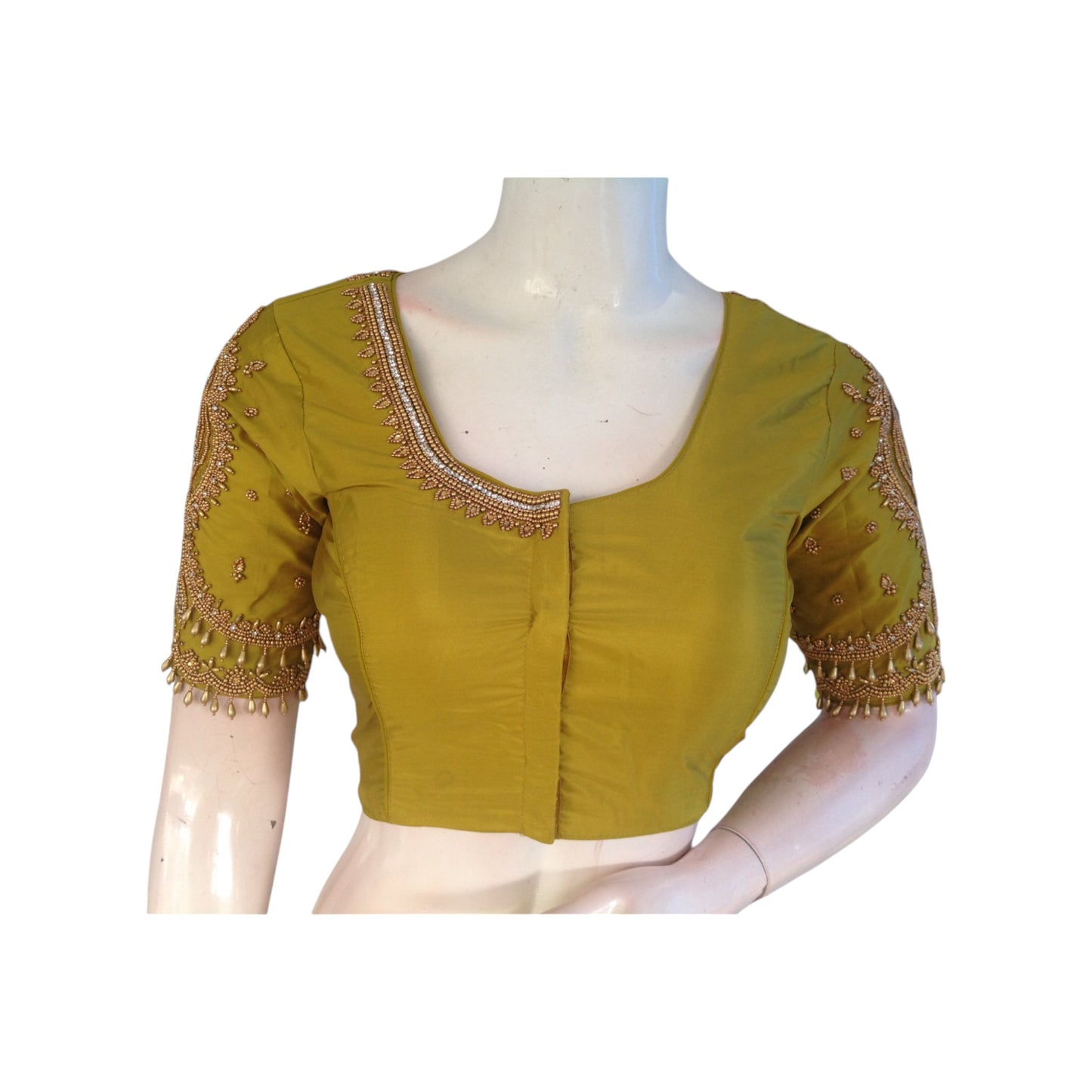 Lemon Green Handcrafted Aari HandWork Bridal Saree Blouse