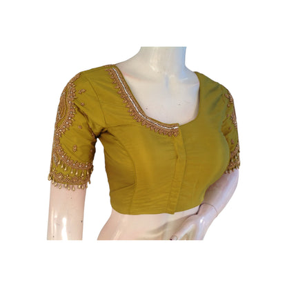 Lemon Green Handcrafted Aari HandWork Bridal Saree Blouse