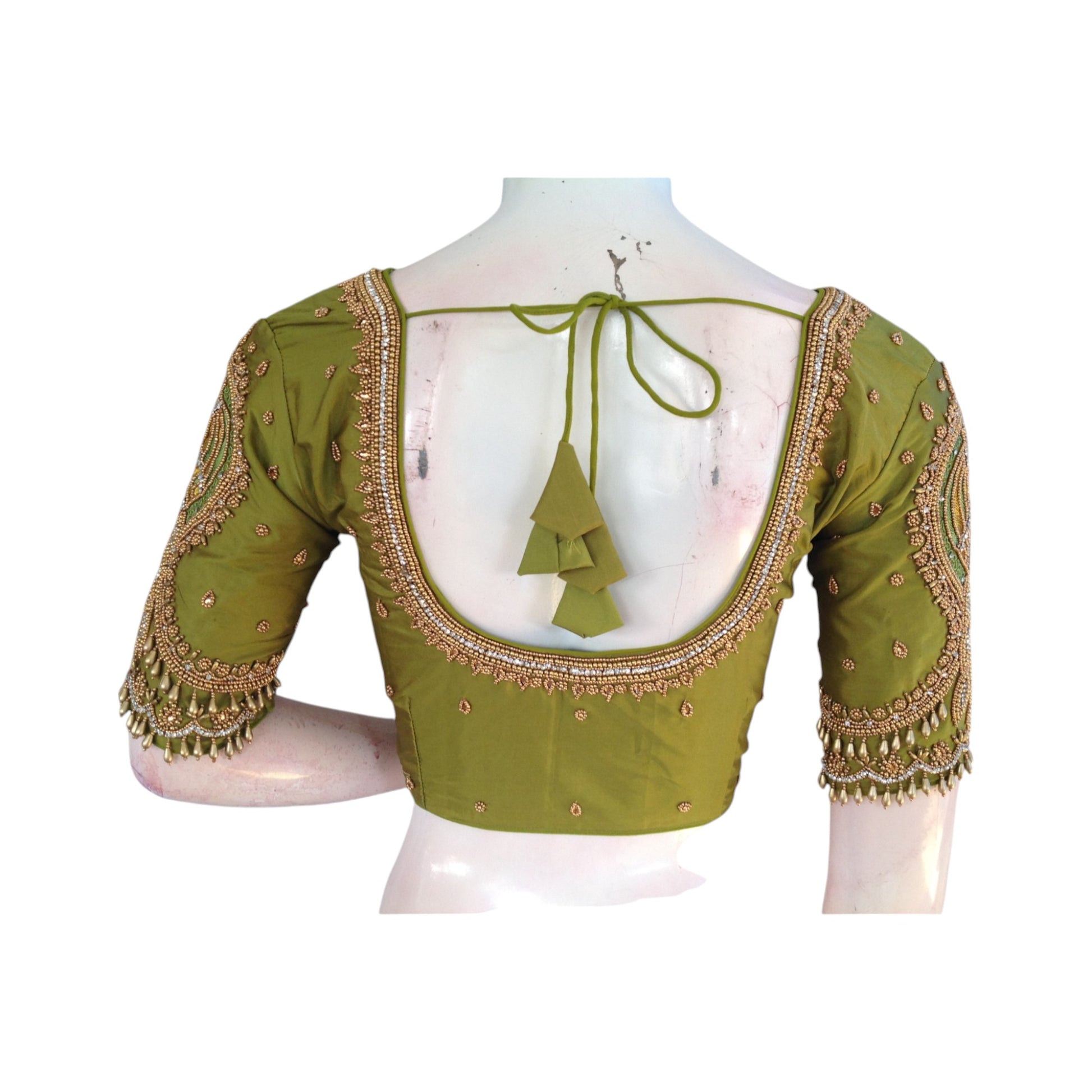 Olive Green Aari HandWork Wedding Saree Blouse 