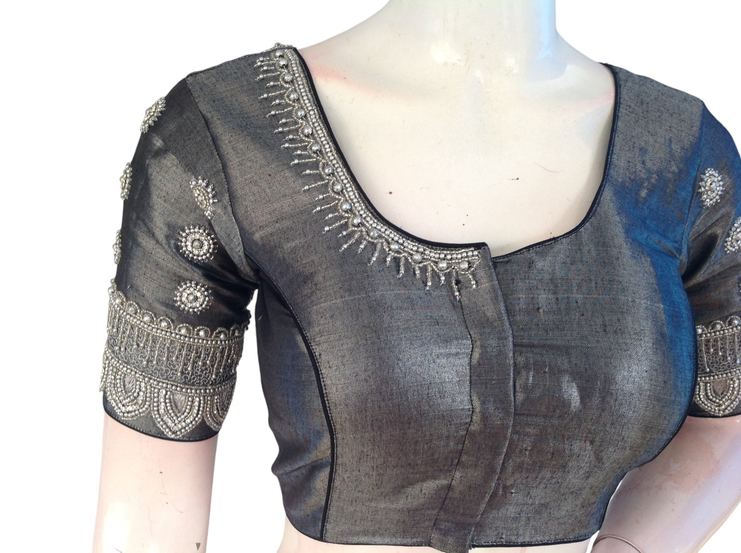 Dark Grey Tissue Aari Handwork | Wedding Saree Blouse