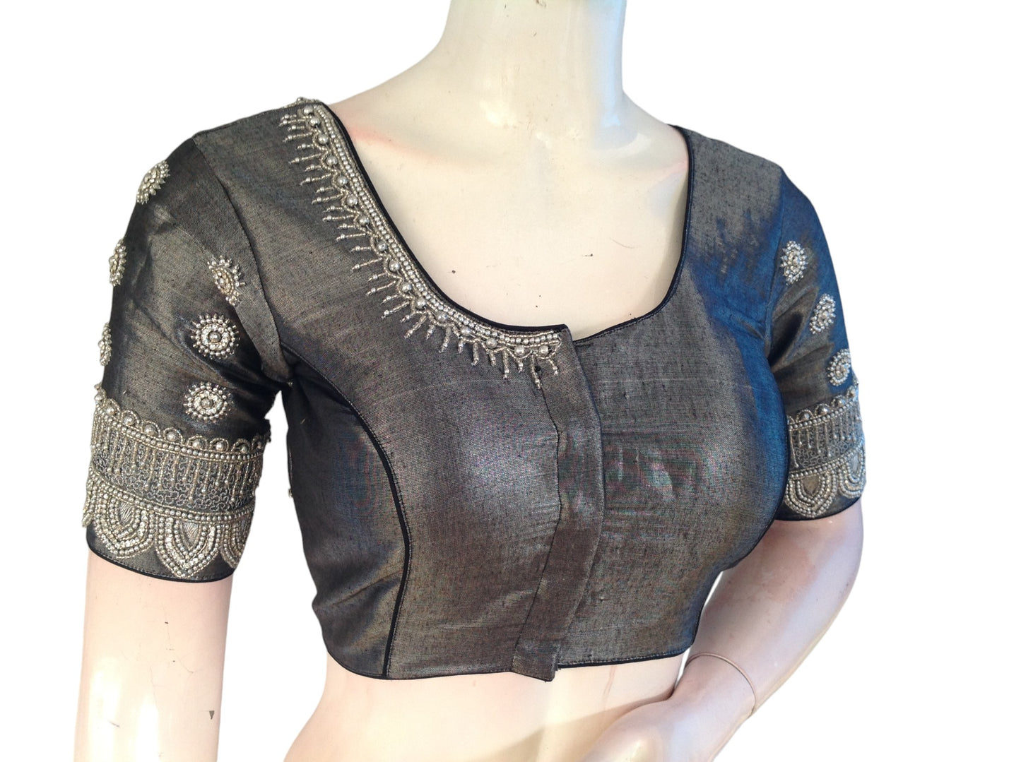 Dark Grey Tissue Aari Handwork | Wedding Saree Blouse