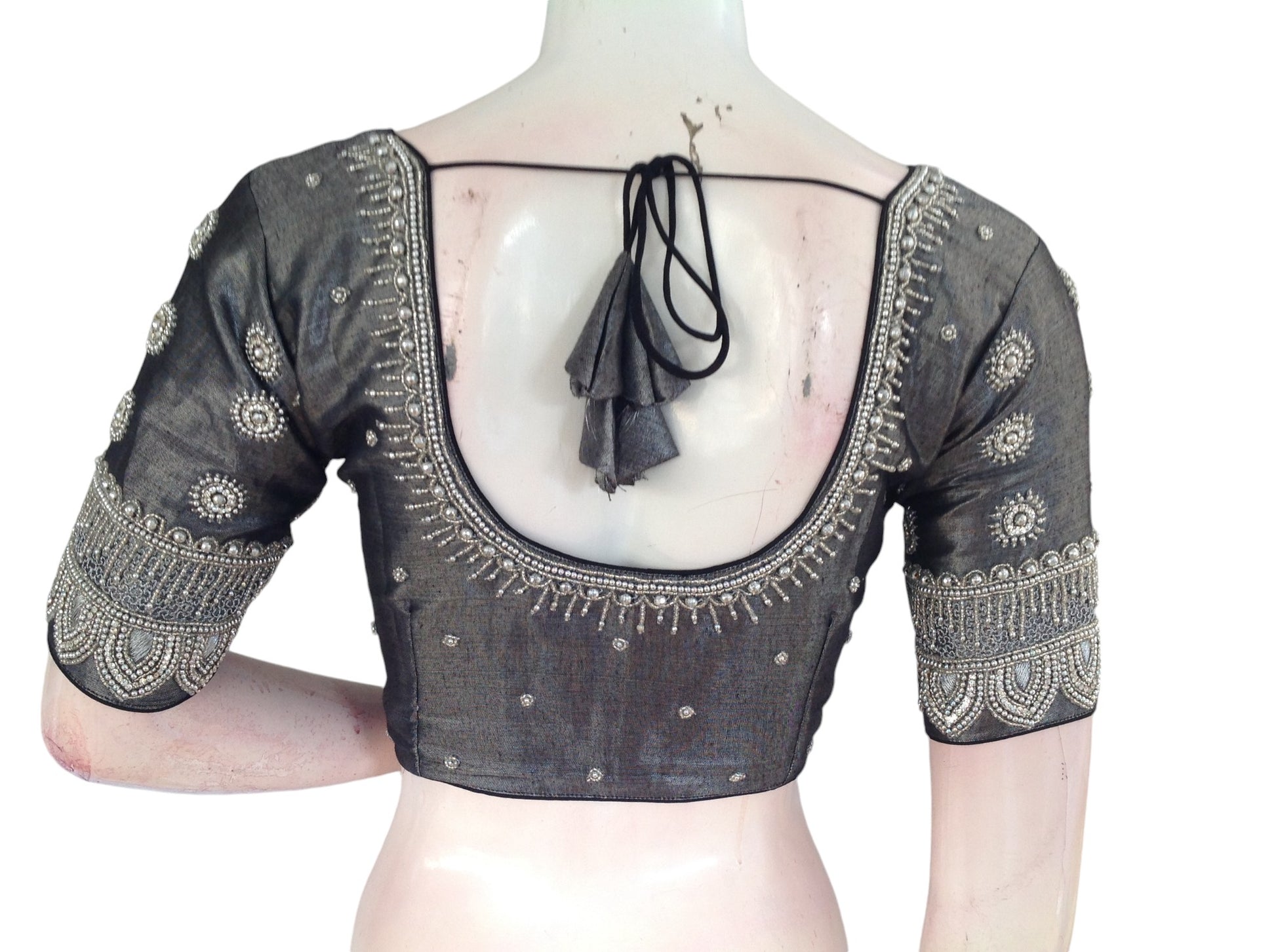 Dark Grey Tissue Aari Handwork | Wedding Saree Blouse