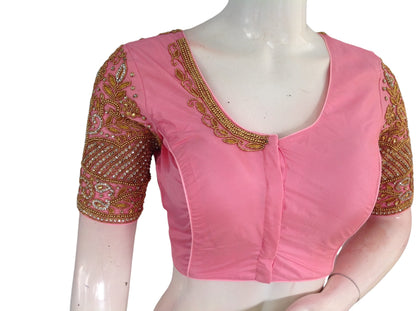 Baby Pink Aari Handwork | Trendy Bridal Saree Blouse