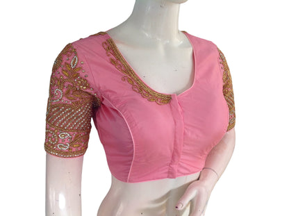 Baby Pink Aari Handwork | Trendy Bridal Saree Blouse