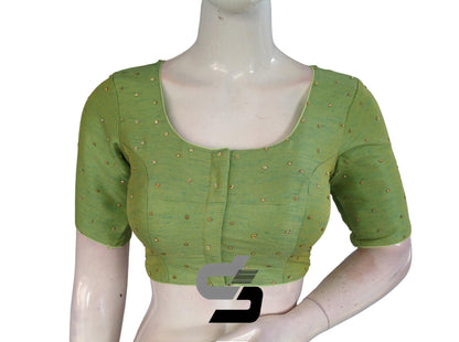 Green Shade Plain Moti Stone Work Indian Saree Readymade Blouse - D3blouses